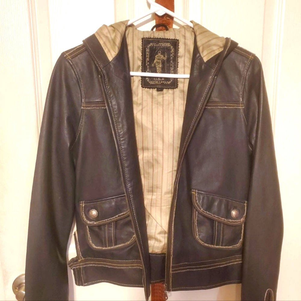 Brown Faux Leather Hooded Lightweight Jacket